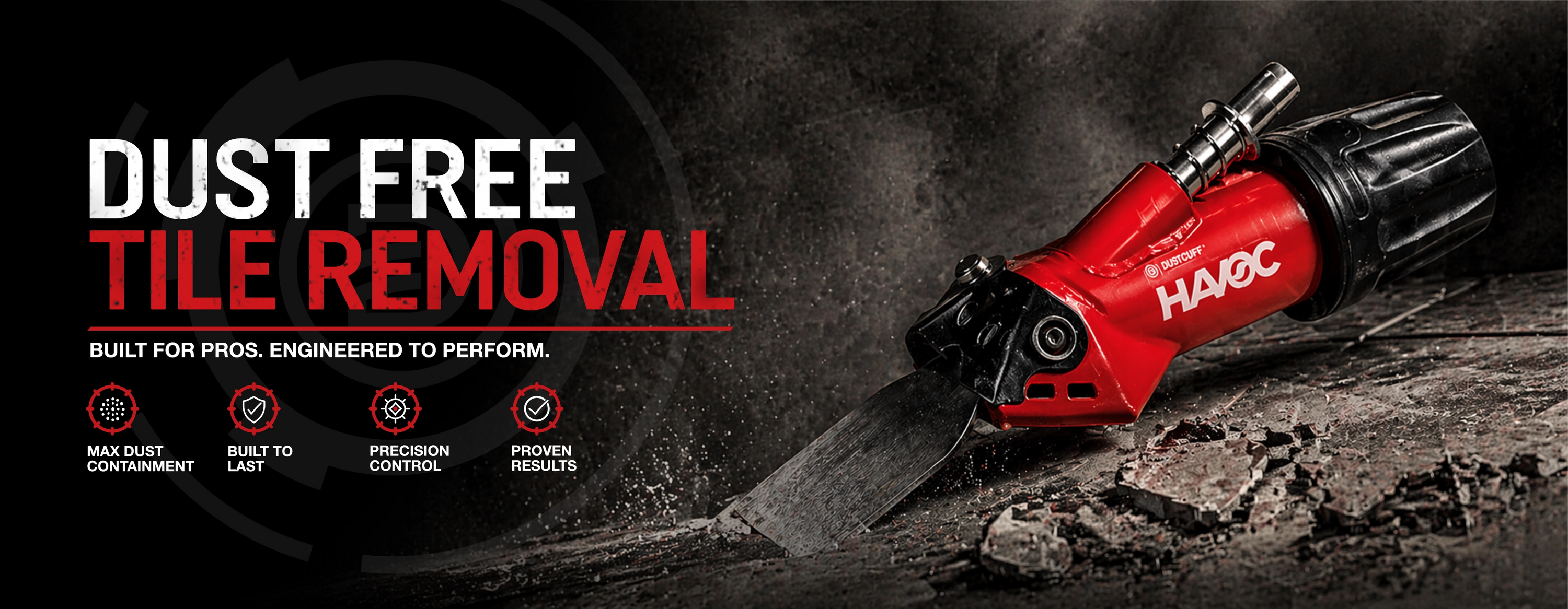 Red tile removal tool with 'Dust Free Tile Removal' text and HAOC branding on a dark background.